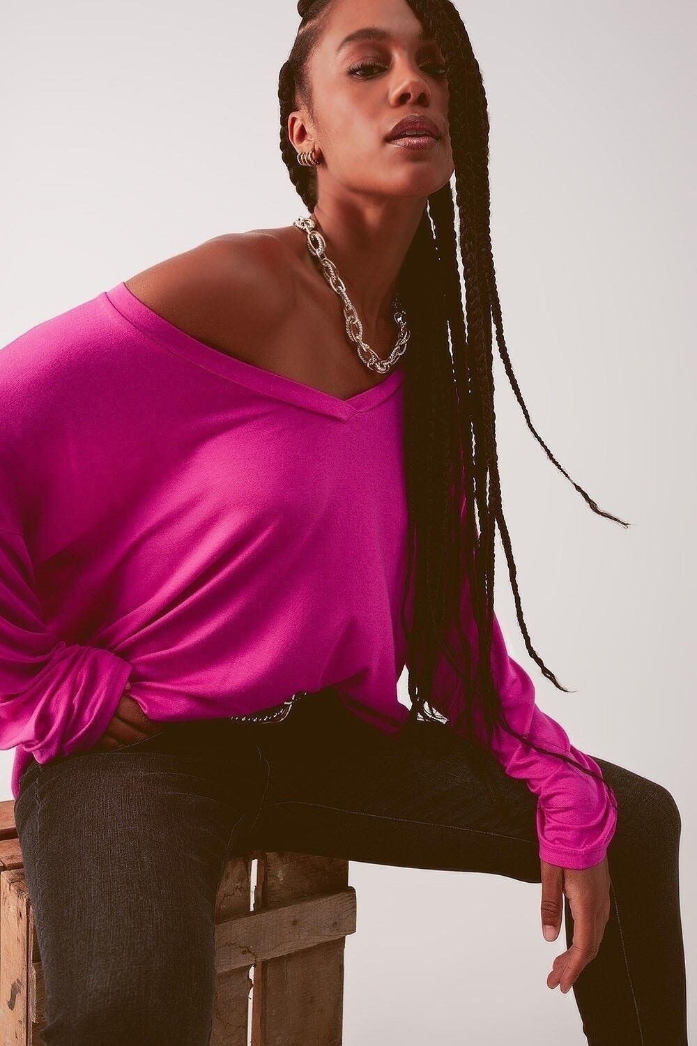 Fuchsia Langarm-Top mit V-Ausschnitt aus Modal