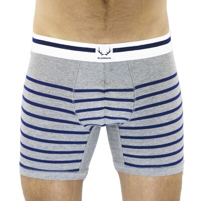 Gray long boxer shorts with navy blue stripes