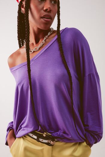 Top violet manches longues col V en modal 1