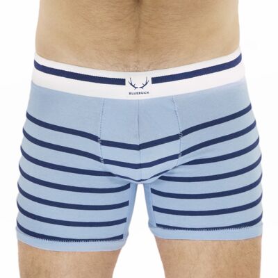 Light blue long boxer shorts with navy blue stripes