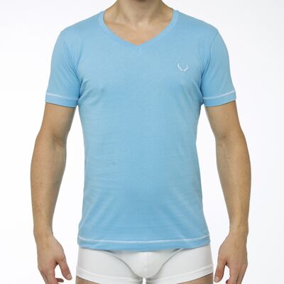 Camiseta con cuello de pico celeste