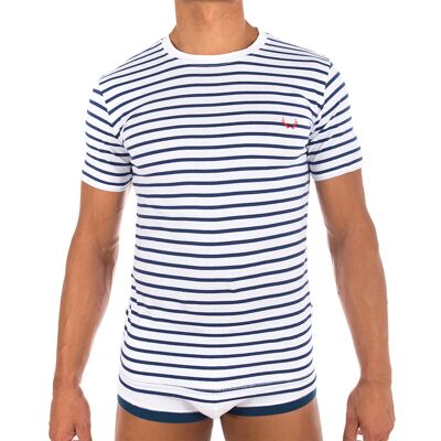 White t-shirt with navy blue stripes