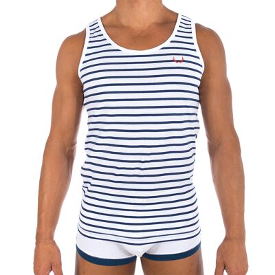 White tank top with navy blue stripes