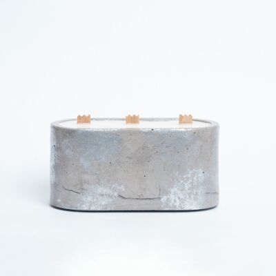 CANDELA XXL - 3 stoppini in legno - Cemento grigio e patina argento