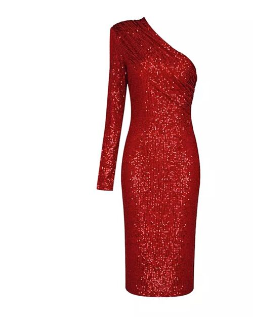 SAFFI Red One Shoulder Sequin Midi Dress