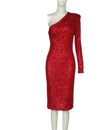 SAFFI Robe mi-longue rouge à sequins à une épaule 2