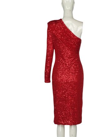 SAFFI Robe mi-longue rouge à sequins à une épaule 3