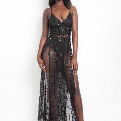 Glam - Robe longue noire à sequins et fente haute