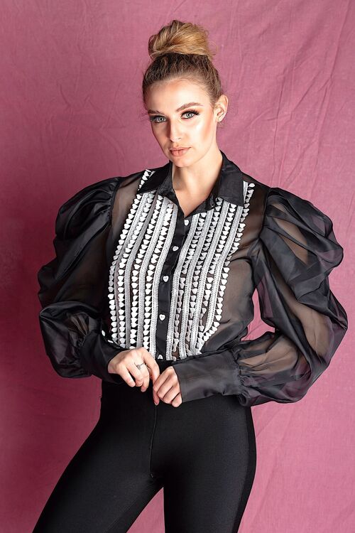 Ayla Black Dramatic Puffy Sleeve Blouse With White Accent