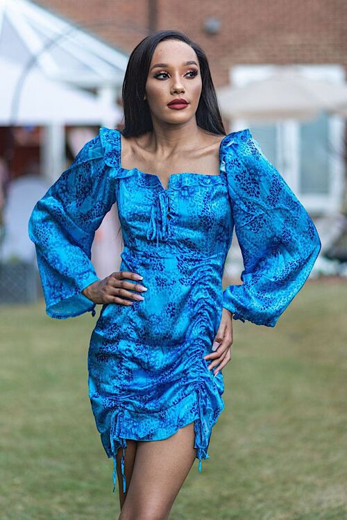 Mandi Blue Satin Floral Long Sleeve Dress