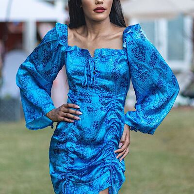 Mandi Robe à manches longues en satin bleu à fleurs