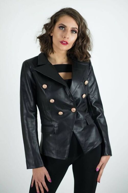 Amrezi Black Double Breasted Vegan Leather  Blazer Jacket