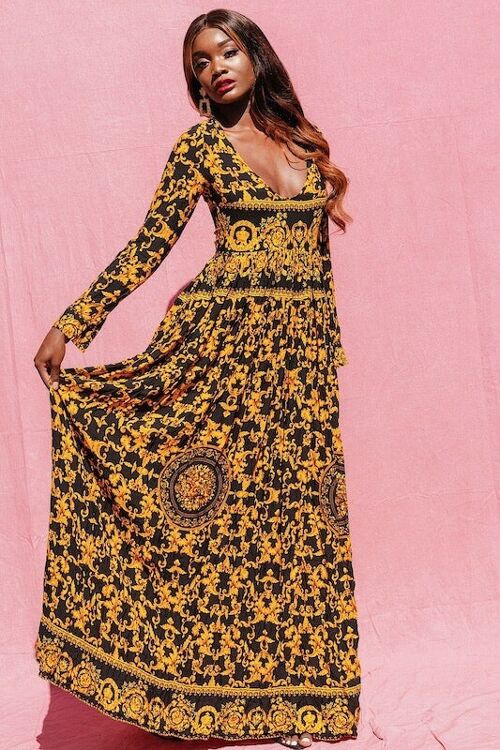 Janice Yellow Print Long Sleeve Maxi Dress