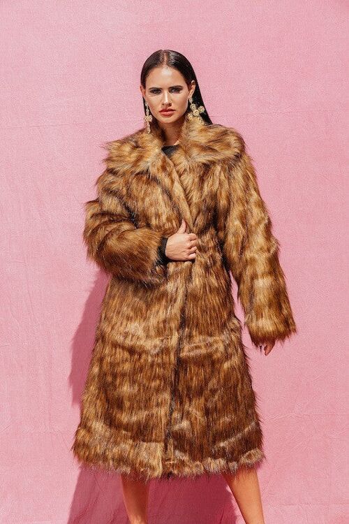 Shella Brown Super Luxe Furry Long Faux Fur Coat - Small-Medium