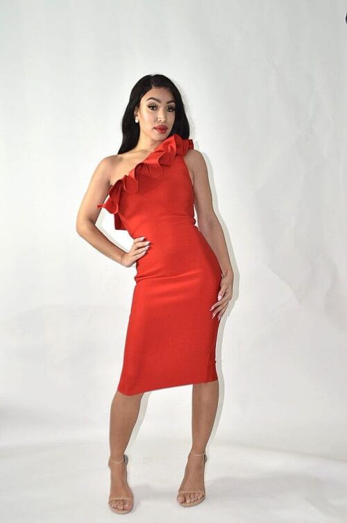 Kamosa Red Bandage Dress With Ruffle Details