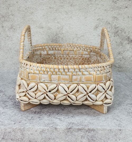 White washed Bamboo shell box with handle