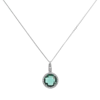 Necklace with a circular pendant, Nano Gem stone and CZ - NANO GREEN QTZ+WHITE CZ