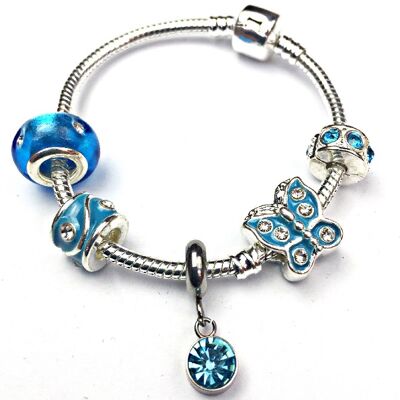 Pulsera de abalorios chapada en plata con cristal de color turquesa para niños 'Piedra natal de diciembre' 18 cm