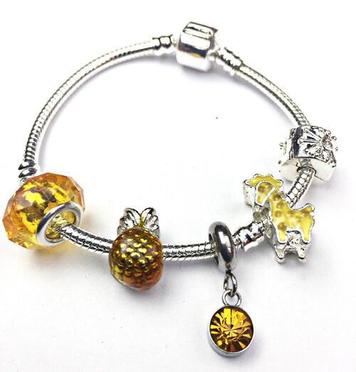 Children's 'November Birthstone' Yellow Topaz Coloured Crystal Silver Plated Charm Bead Bracelet 17cm