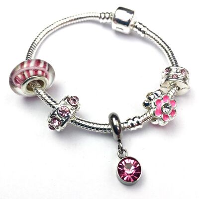 Children's 'October Birthstone' Rose Coloured Crystal Silver Plated Charm Bead Bracelet 15cm