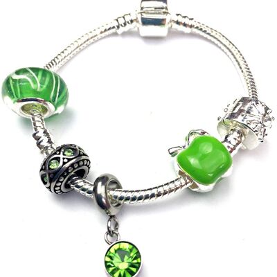 Pulsera de abalorios chapada en plata con cristal de color peridoto para niños 'Piedra natal de agosto' 18 cm