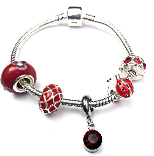 Children's 'July Birthstone' Ruby Coloured Crystal Silver Plated Charm Bead Bracelet 15cm