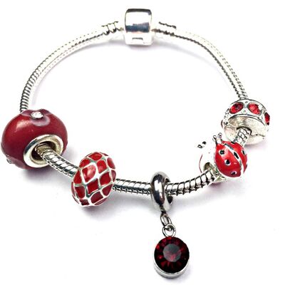 Children's 'July Birthstone' Ruby Coloured Crystal Silver Plated Charm Bead Bracelet 17cm