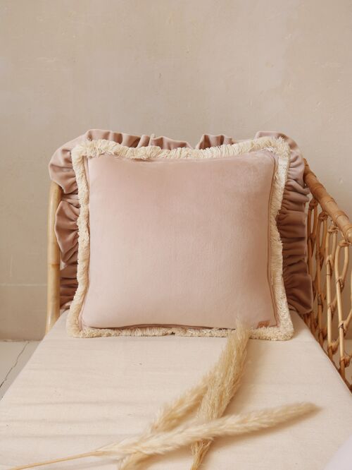 "Latte" soft velvet pillow with fringe