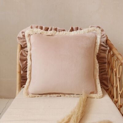 "Latte" soft velvet pillow with fringe
