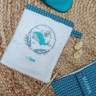 Gant de toilette motif "Baleine" et tissu de coton tons BLEU brodé pour bébé/enfant