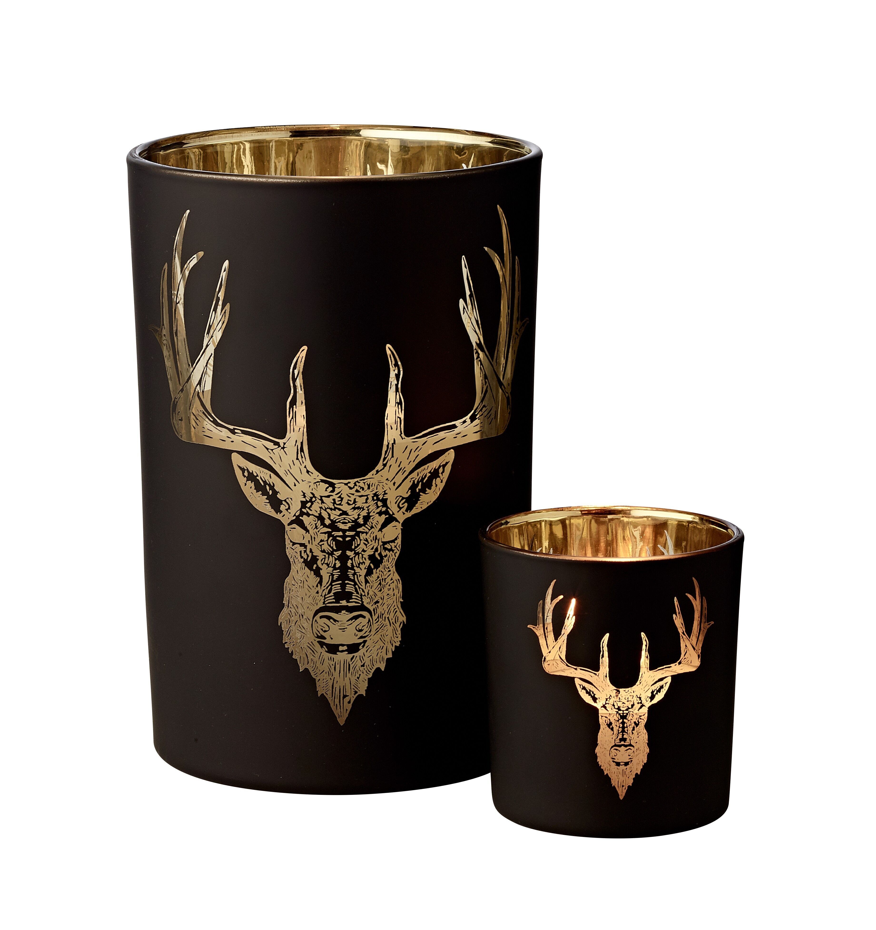 Lantern tea light holder tea light glass forest, deer motif, black / gold, height 8 cm