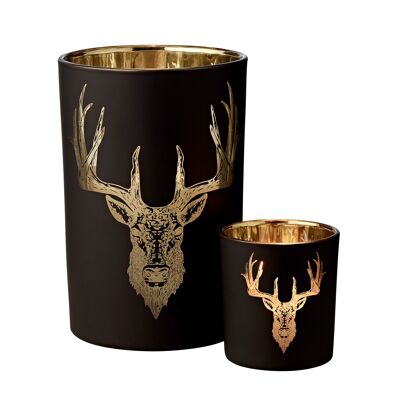 Linterna portavelas de té bosque de vidrio de vela de té, motivo de ciervo, negro / dorado, altura 8 cm
