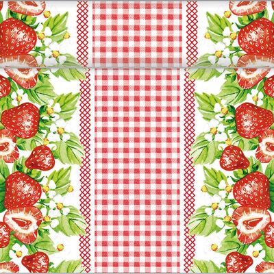Chemin de table fraises en rouge en Linclass® Airlaid 40 cm x 4,80 m, 1 pièce