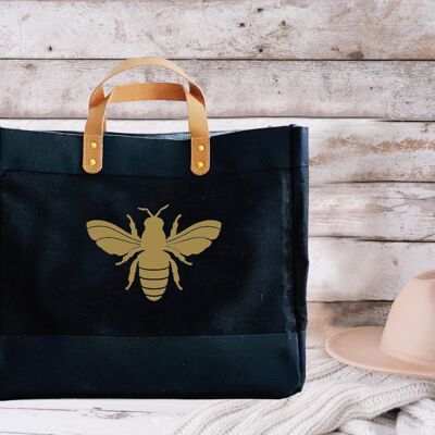 Bolsas de compras de yute negro de lujo con diseño de abeja dorada
