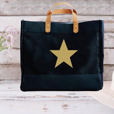 Bolsos Shopper de yute negros de lujo con diseño de estrellas