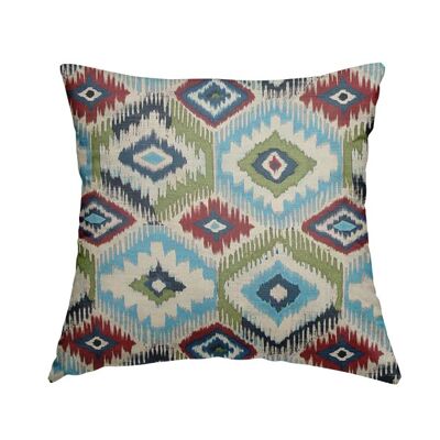 Chenille Fabric Geometric Printed Blue Green Pattern Cushions Piped Finish Handmade To Order