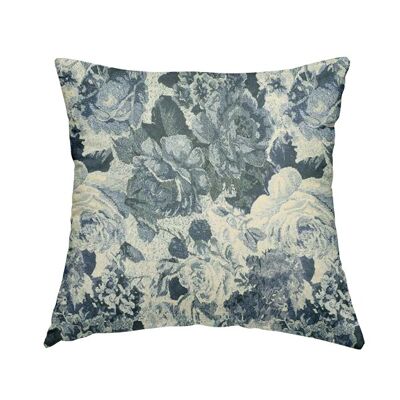 Chenille Fabric Floral Blue Pattern Cushions Piped Finish Handmade To Order