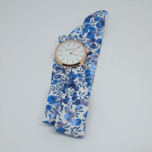 Montre foulard femme bracelet tissu à nouer Liberty Wiltshire bleu grand cadran