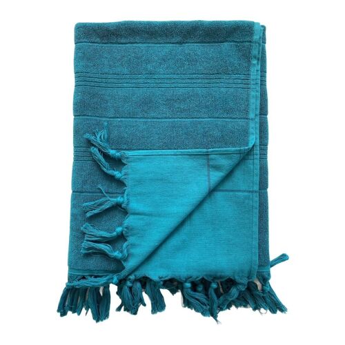 Fouta Hammam XL Blue Lake éponge bouclette avec franges nouées 140x180cm 330gm²