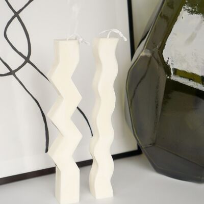 Pair Of Zig Zag And Wave Pillar Candles - 100% Natural Soy Wax.