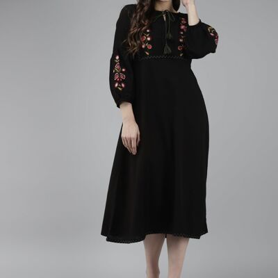 Pure Black Floral Midi Dress