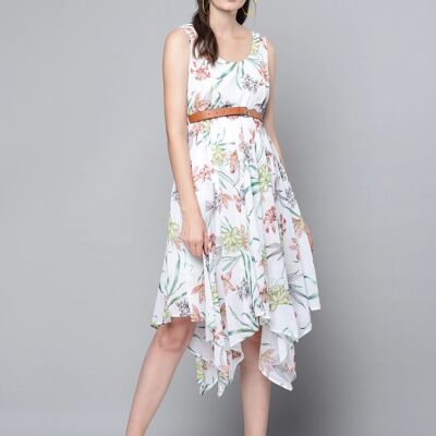 White Floral Belted Dress