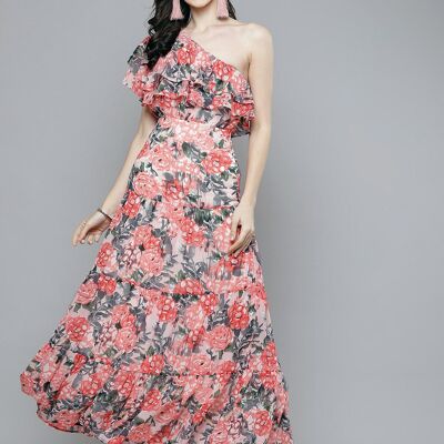 One Shoulder Peach Floral Maxi