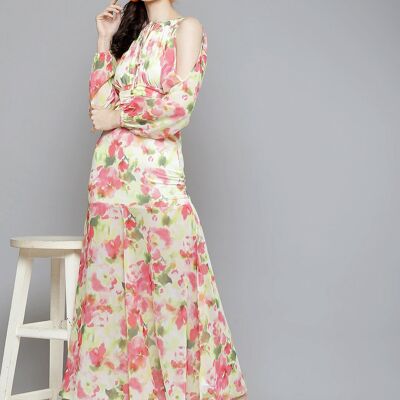 White & Pink Off Shoulder Maxi Dress