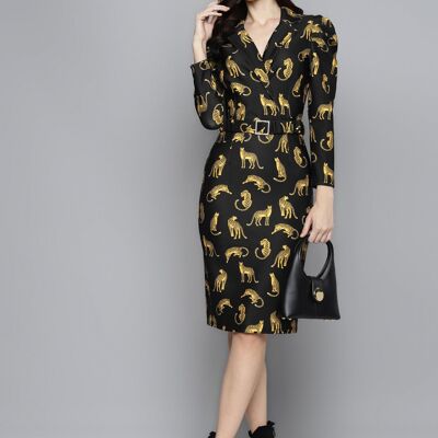 Cheetah Notch Collar Belted Dress