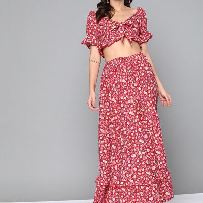 Red Floral Volume Sleeve Top With Maxi Skirt