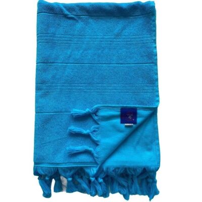 Fouta Hammam XL Turquoise terry cloth with knotted fringes 140x180cm 330gm²