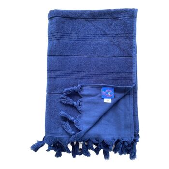 Fouta Hammam XL Bleu marine éponge bouclette avec franges nouées 140x180cm 330gm² 1