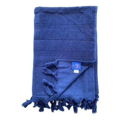 Fouta Hammam XL Navy blue terry cloth with knotted fringes 140x180cm 330gm²