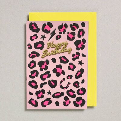 Biglietto con stampa animalier - Confezione da 6 - Happy Birthday rosa